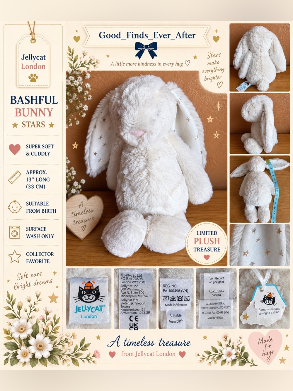 NWT - Jellycat Bashful Bunny Stars Plush - Cream and Gold